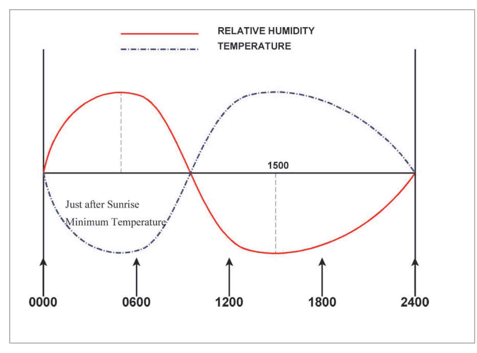 Relative humidity and temperature over 24 hours: relative humidity is highest near dawn and lowest in the afternoon.