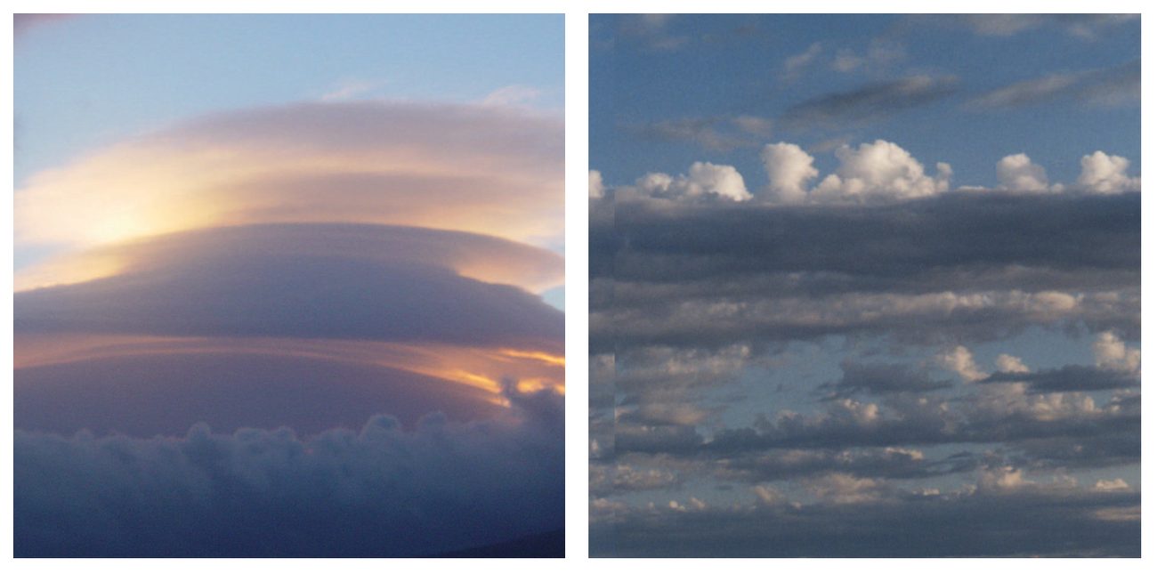 Two photographs: a lenticular cloud over a ridge, and banded altocumulus.