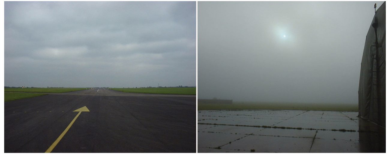 Two photographs of low grey stratus over a runway.