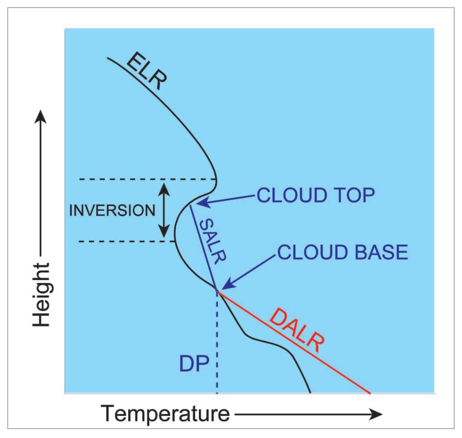 Cloud base at the dew point and a cloud top stopped by an inversion in the ELR.