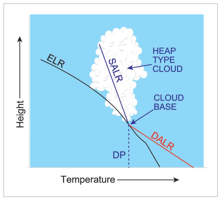 Rising parcel following the DALR to the dew point and the SALR above, compared with the environmental lapse rate (ELR).