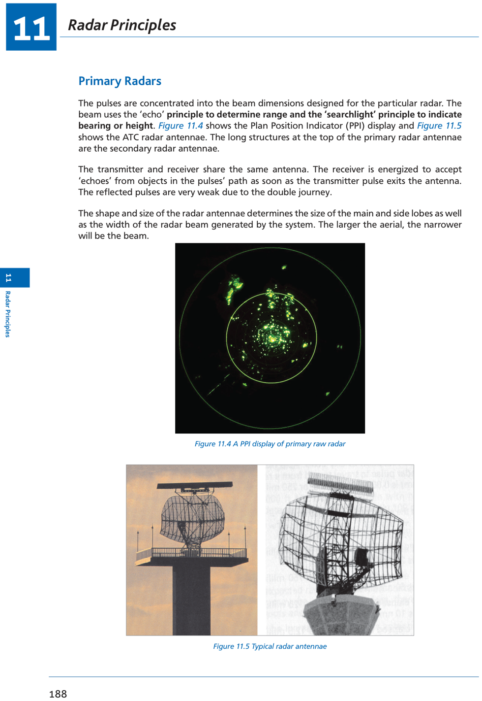 Fig 11.4: PPI display and Fig 11.5: ATC radar antennae (primary radar with SSR on top)