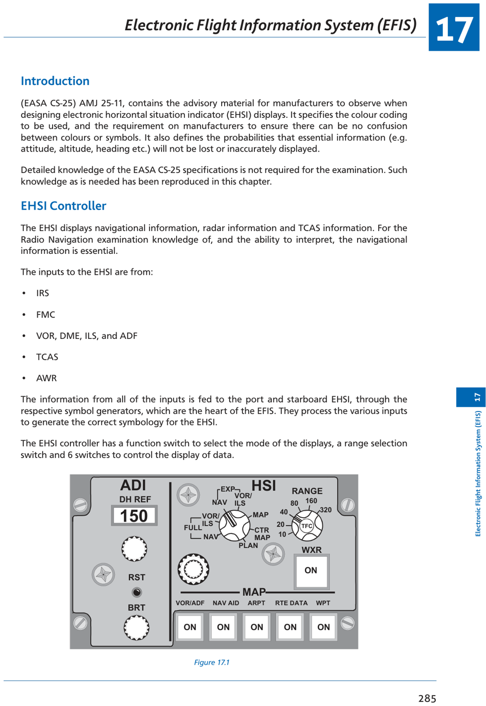 Fig: EFIS controller panel — mode selector, range knob, overlay switches (WXR, VOR, ARPT, WPT, etc.)