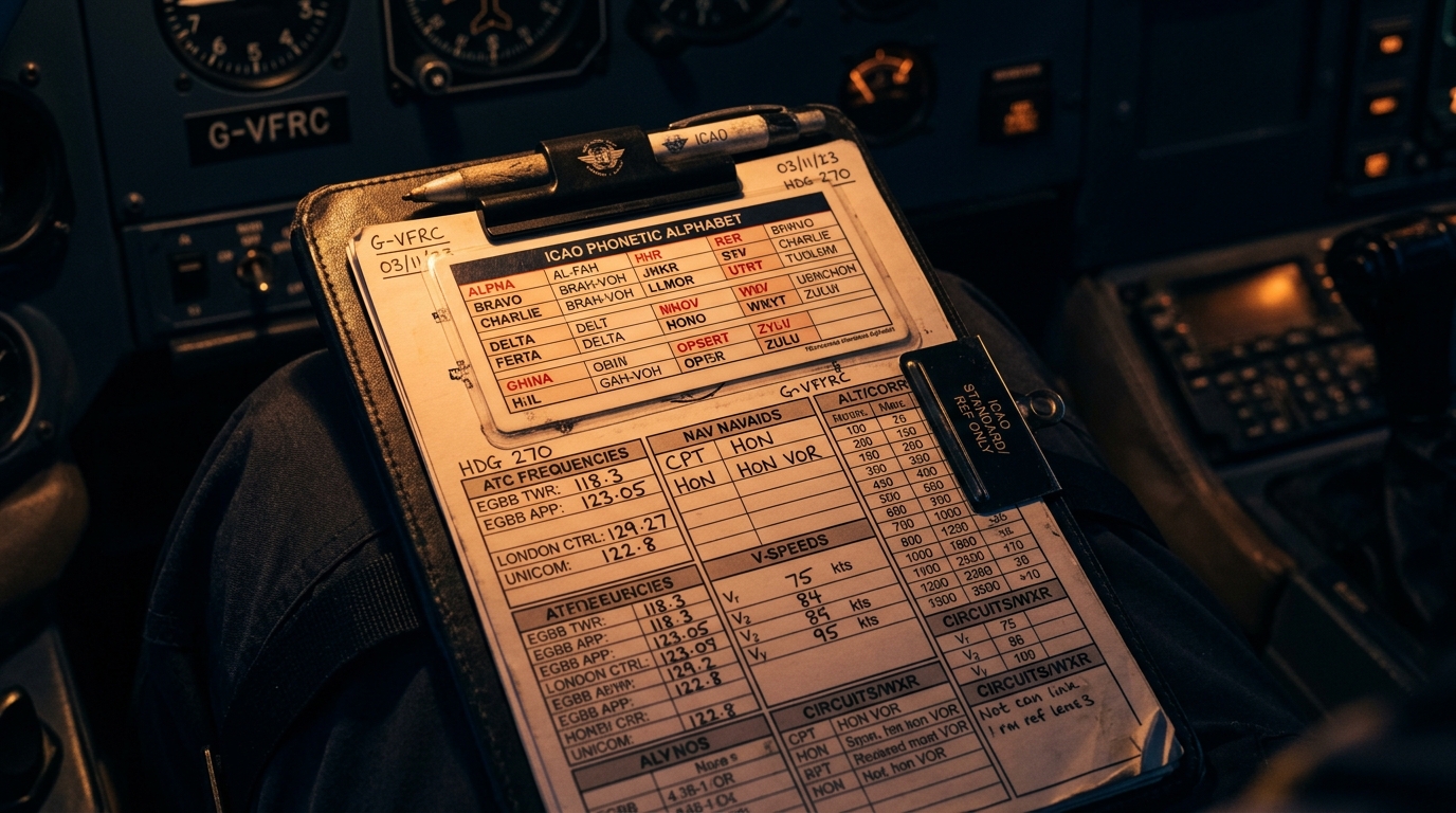 Pilot's kneeboard with quick reference tables