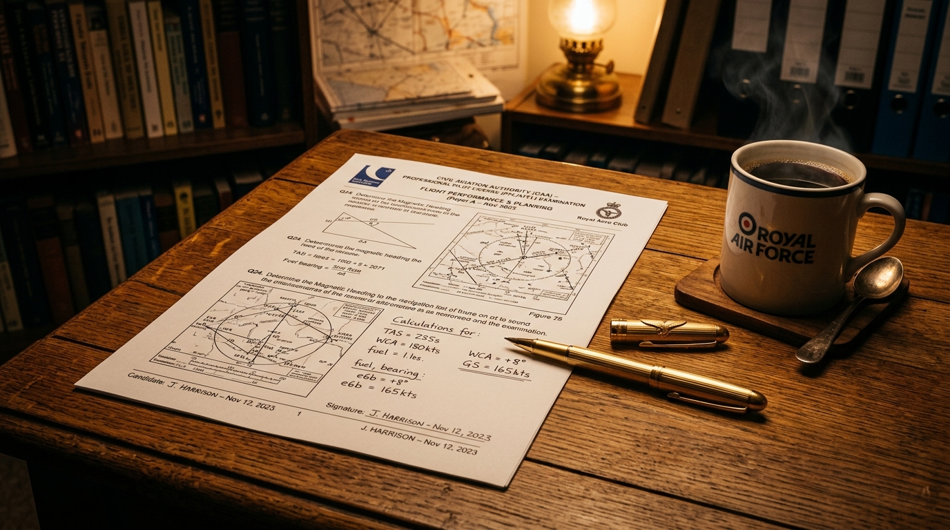 Pilot examination paper resting on a polished wooden desk