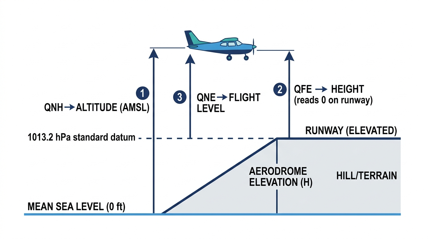 Figure 4.1: QNH, QFE and QNE — what the altimeter reads