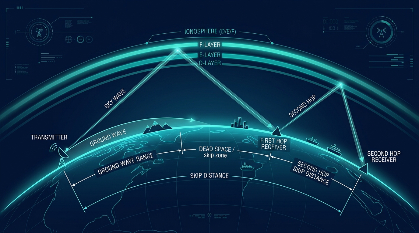 Figure 9.1: Ground wave, sky wave, skip distance & dead space